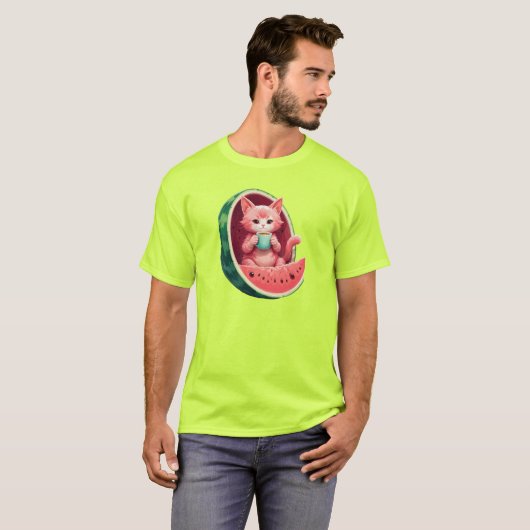 Watermelon Cat Coffee Break T-shirt (Voorkant volledig)