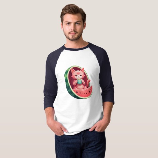 Watermelon Cat Coffee Break T-shirt (Voorkant volledig)