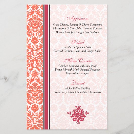 Watermelon Coral Damask Menu Kaart Versie 2 (Voorkant)