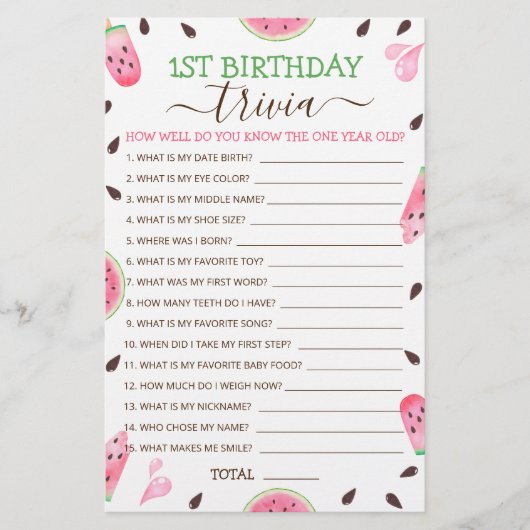 Watermelon Een In Een Meloen 1e Verjaardag Trivia (Voorkant)