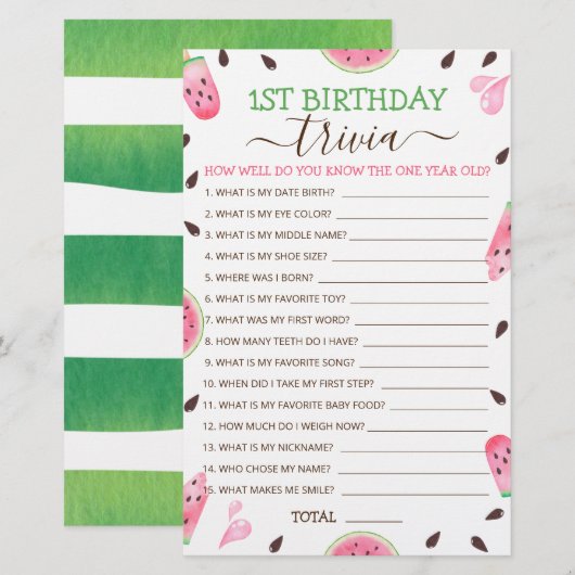 Watermelon Een In Een Meloen 1e Verjaardag Trivia (Voorkant / Achterkant)