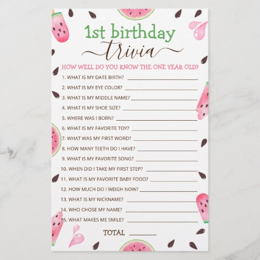 Watermelon Een In Een Meloen 1e Verjaardag Trivia  (Voorkant)