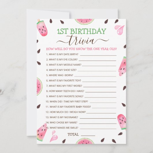 Watermelon Een In Een Meloen 1e Verjaardag Trivia  Feestdagenkaart (Voorkant)