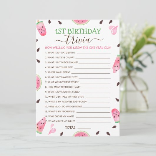 Watermelon Een In Een Meloen 1e Verjaardag Trivia  Feestdagenkaart (Staand voorkant)