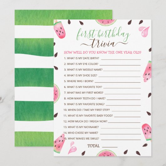 Watermelon Een In Een Meloen 1e Verjaardag Trivia  Feestdagenkaart (Voorkant / Achterkant)