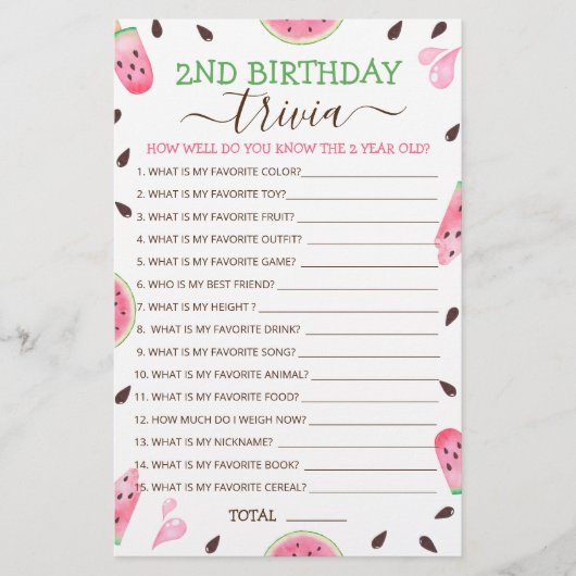 Watermelon een in een meloen 2e verjaardag trivia (Voorkant)