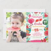 Watermelon Flamingo Birthday Fotouitnodiging Kaart (Voorkant)