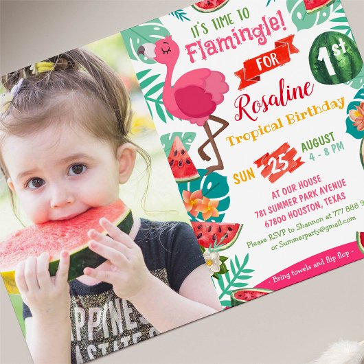 Watermelon Flamingo Birthday Fotouitnodiging Kaart