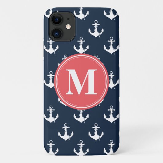 Watermelon Monogrammed Navy Blue Anchor Pattern Case-Mate iPhone Case (Achterkant)