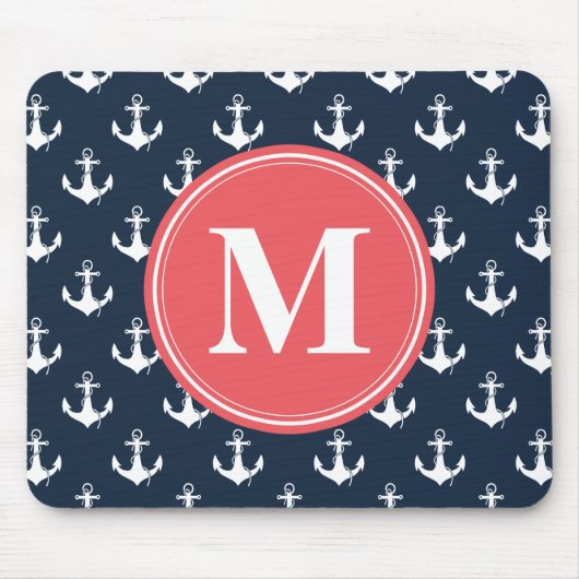 Watermelon Monogrammed Navy Blue Anchor Pattern Muismat (Voorkant)