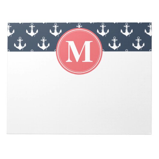 Watermelon Monogrammed Navy Blue Anchor Pattern Notitieblok (Voorkant)