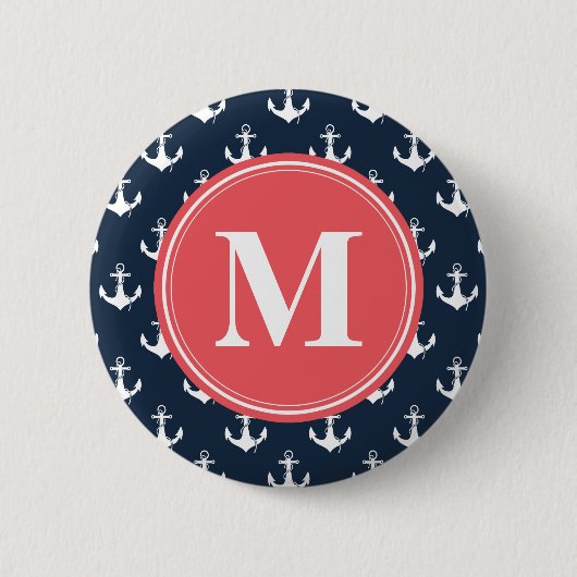 Watermelon Monogrammed Navy Blue Anchor Pattern Ronde Button 5,7 Cm (Voorkant)