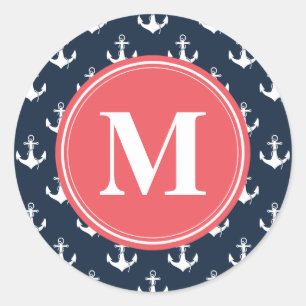 Watermelon Monogrammed Navy Blue Anchor Pattern Ronde Sticker