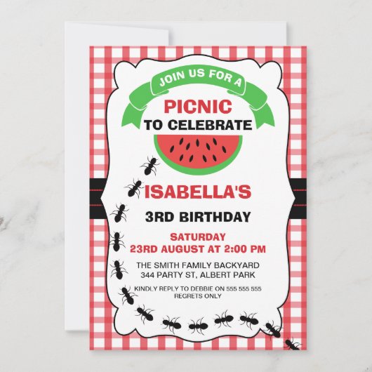 Watermelon Picnic Birthday Party Invitation Kaart (Voorkant)