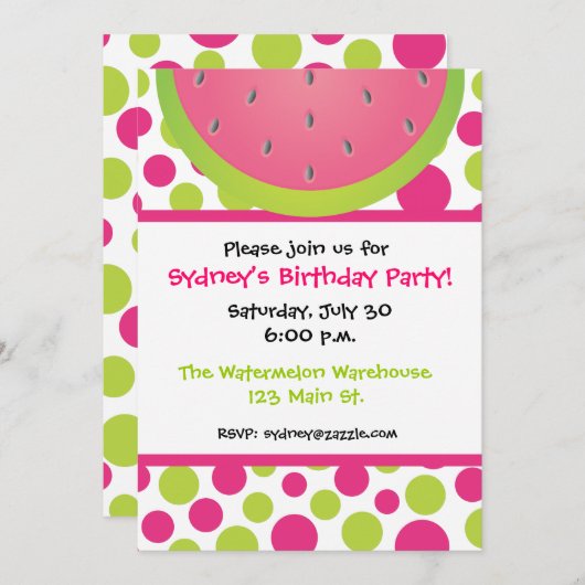 Watermelon Polka Dot Invitation Kaart (Voorkant / Achterkant)