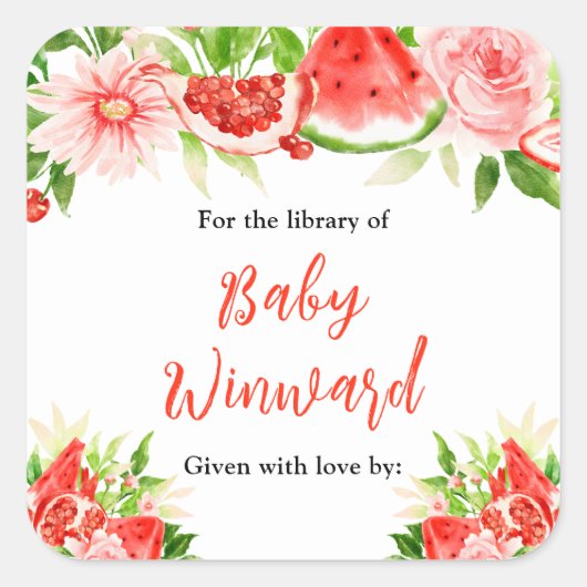 Watermelon Pomegranate Baby Shower Bookplate Vierkante Sticker (Voorkant)