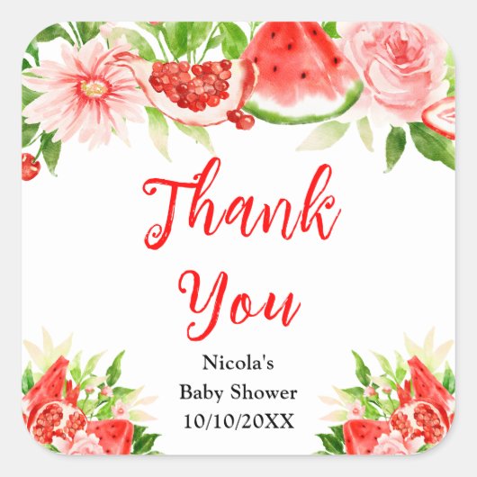 Watermelon Pomegranate Baby Shower Thank You Vierkante Sticker (Voorkant)