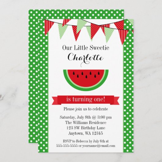 Watermelon Red Green Bunting Birthday Party Kaart (Voorkant / Achterkant)