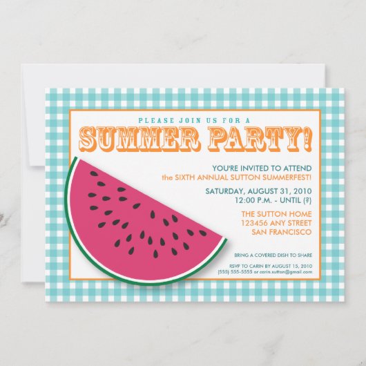 Watermelon Summer Cookout/BBQ Invitation (aqua) Kaart (Voorkant)