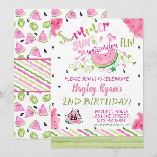 Watermelon Summer Sun Fun Any Age Birthday Invite Kaart (Voorkant / Achterkant)