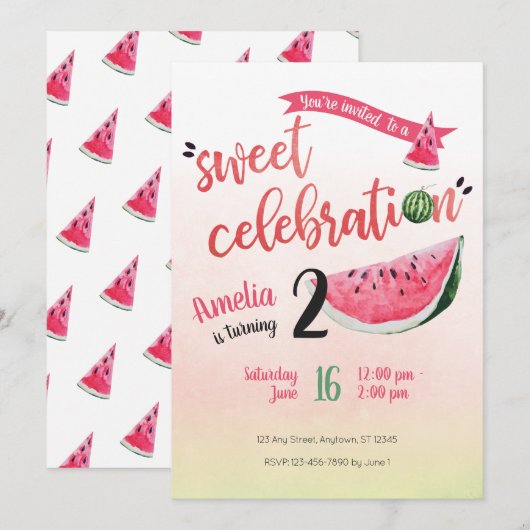 Watermelon Sweet Celebration Birthday Invite Kaart (Voorkant / Achterkant)
