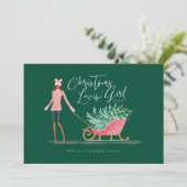 Waterolor Kerstmis Lovin' Girl Pulling Sleigh Feestdagenkaart (Staand voorkant)