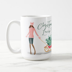 Waterolor Kerstmis Lovin' Girl Pulling Sleigh Koffiemok