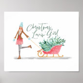 Waterolor Kerstmis Lovin' Girl Pulling Sleigh Poster (Voorkant)