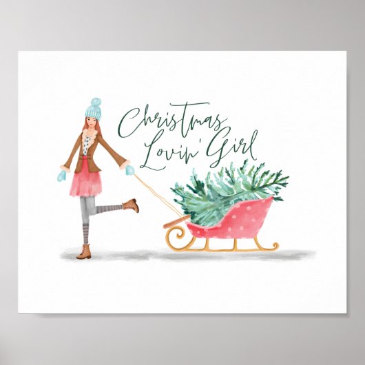 Waterolor Kerstmis Lovin' Girl Pulling Sleigh Poster (Voorkant)