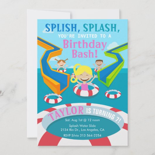Waterpark Girl Swimming Birthday Party Invitation Kaart (Voorkant)