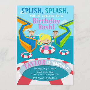 Waterpark Girl Swimming Birthday Party Invitation Kaart