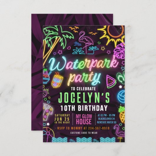 Waterpark Glow-feest Bewerkbare Uitnodiging (Voorkant / Achterkant)