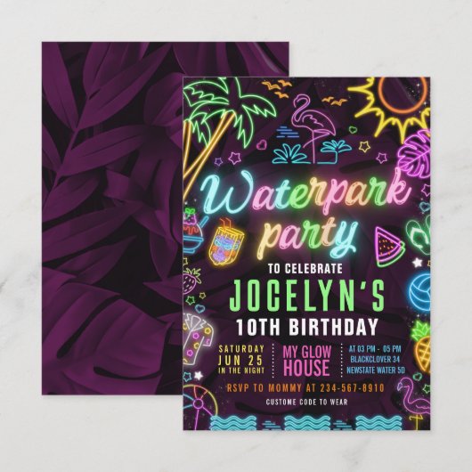 Waterpark Glow Party bewerkbare uitnodiging (Voorkant / Achterkant)