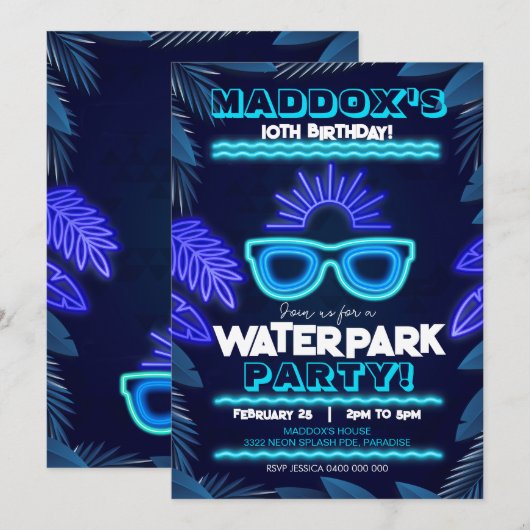 Waterpark Party Invitation Neon Boy Summer Kaart (Voorkant / Achterkant)