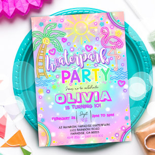 Waterpark Party Uitnodiging Neon Rainbow Water Par
