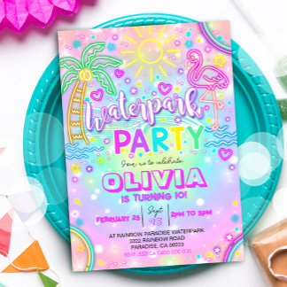 Waterpark Party Uitnodiging Neon Rainbow Water Par