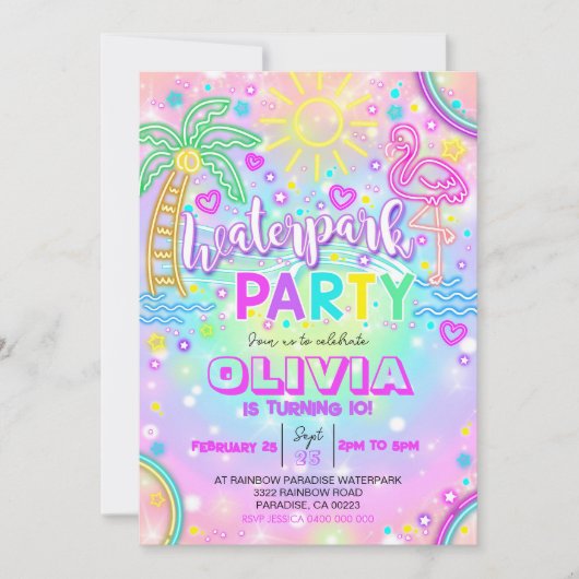 Waterpark Party Uitnodiging Neon Rainbow Water Par (Voorkant)