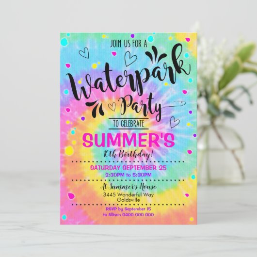 Waterpark Party Uitnodiging Tie Dye Water Park (Staand voorkant)