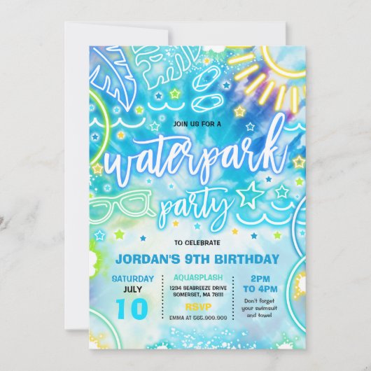 Waterpark Splash Pad Birthday Party Tie Dye Glow Kaart (Voorkant)