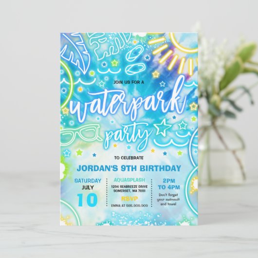 Waterpark Splash Pad Birthday Party Tie Dye Glow Kaart (Staand voorkant)
