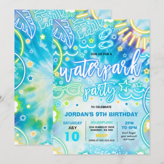 Waterpark Splash Pad Birthday Party Tie Dye Glow Kaart (Voorkant / Achterkant)