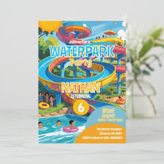 Waterpark Waterslide Pool Party Birthday Invite Kaart (Staand voorkant)