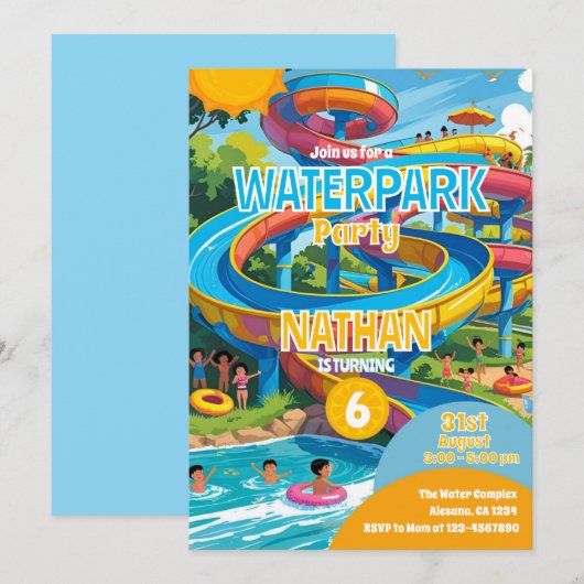 Waterpark Waterslide Pool Party Birthday Invite Kaart (Voorkant / Achterkant)