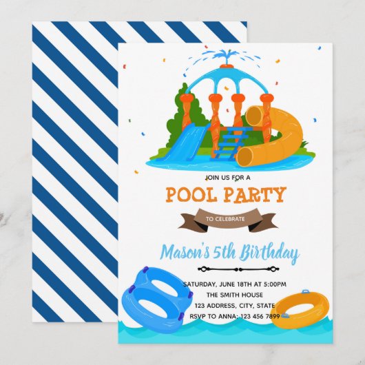 Waterpark zwembad uitnodiging voor verjaardag (Voorkant / Achterkant)