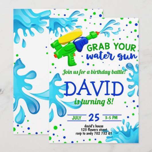 Waterpistool zomer zwembadfeestje jongens verjaard kaart (Voorkant / Achterkant)