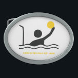 Waterpolospeler zwart silhouet, aangepast gesp<br><div class="desc">Waterpolospeler zwart silhouet aangepaste riemgesp een minimalistisch pictogram van een zwart silhouet van een waterbalspeler die zijn bal voor het doel houdt en jouw tekst op een witte achtergrond. Het perfecte cadeau voor de waterpolosporter of -liefhebber in je leven. Bekijk veel design in onze winkel voor sportgeschenken.</div>