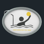 Waterpolospeler zwart silhouet, aangepast gesp<br><div class="desc">Waterpolospeler zwart silhouet aangepaste riemgesp een minimalistisch pictogram van een zwart silhouet van een waterbalspeler die zijn bal voor het doel houdt en jouw tekst op een witte achtergrond. Het perfecte cadeau voor de waterpolosporter of -liefhebber in je leven. Bekijk veel design in onze winkel voor sportgeschenken.</div>