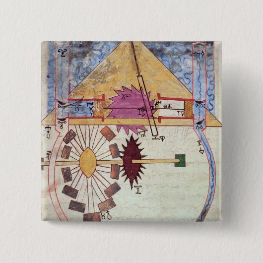 Waterpomp uit het 'Boek van de Ingenieure Kennis' Vierkante Button 5,1 Cm (Voorkant)