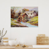 Waterrad in het rivierlandschap schilderij poster (Keuken)