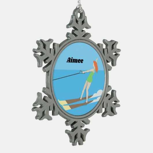 Waterski,  tin sneeuwvlok ornament (Links)
